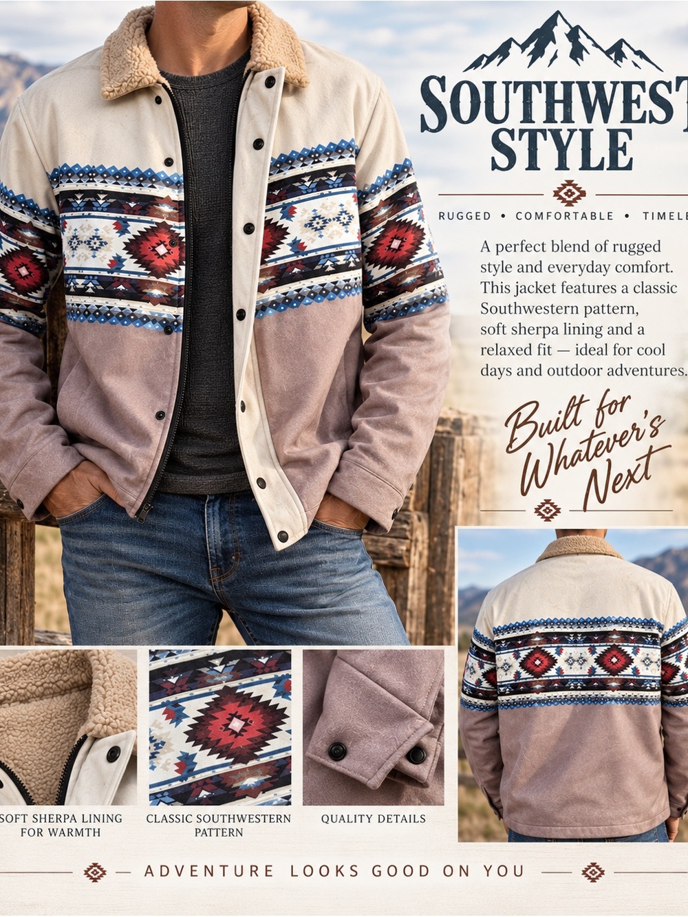Southwest Style Print Jacket with Sherpa Collar